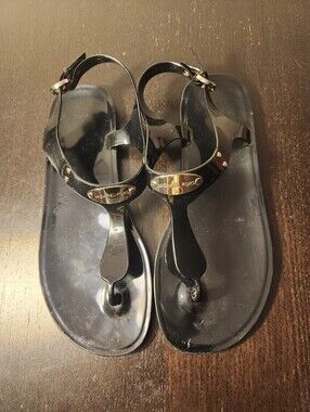 Michael Kors Black Gloss Jelly T-Strap Sandals with Gold Accent